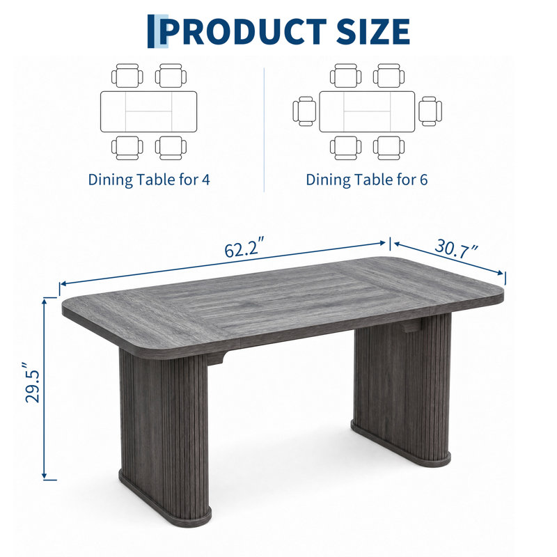 Grande table à manger rectangulaire de 157 cm (62 po) pour 6 à 8 personnes – Pied central robuste, design ajouré – Chêne gris