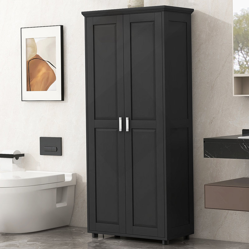 Armoire de rangement avec deux portes pour salle de bain, bureau, tablette réglable, panneau de fibres à densité moyenne, noir