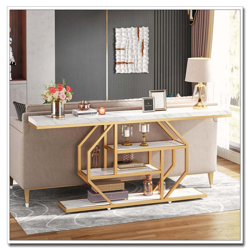 Console moderne Ã  quatre niveaux avec rangement en mÃ©tal aux motifs gÃ©omÃ©triques dorÃ©s
