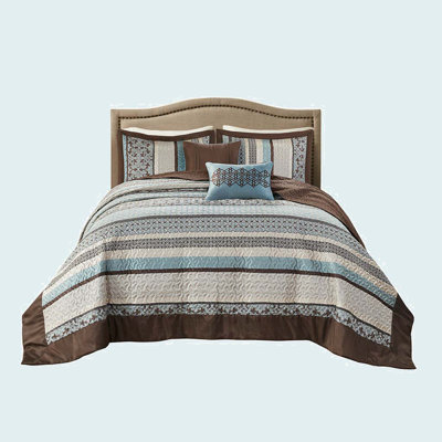 5 Piece Jacquard Set With Throw Pillows Blue