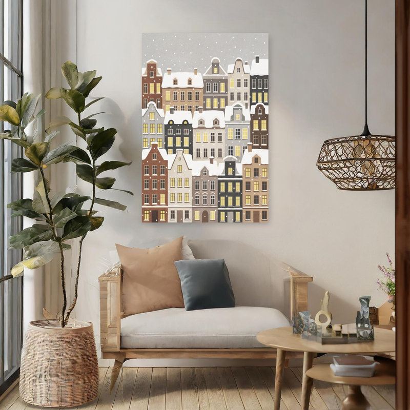 Cozy Winter Town, art contemporain urbain abstrait, H 48 po x l 32 po