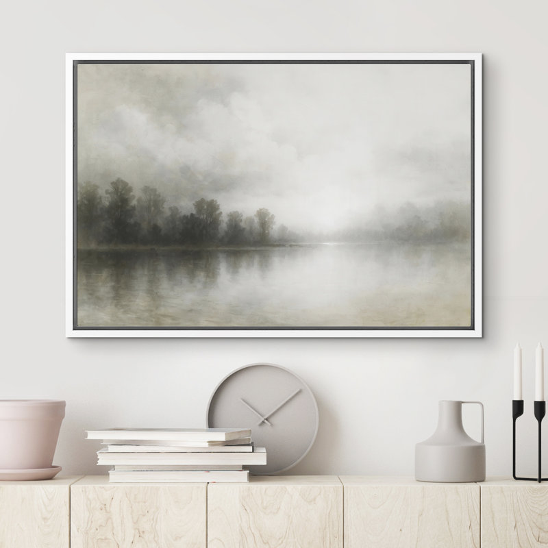 «Bright Misty Forest Lake with Morning Light Reflection», reproduction d'art sur toile encadrée dans la chambre principale
