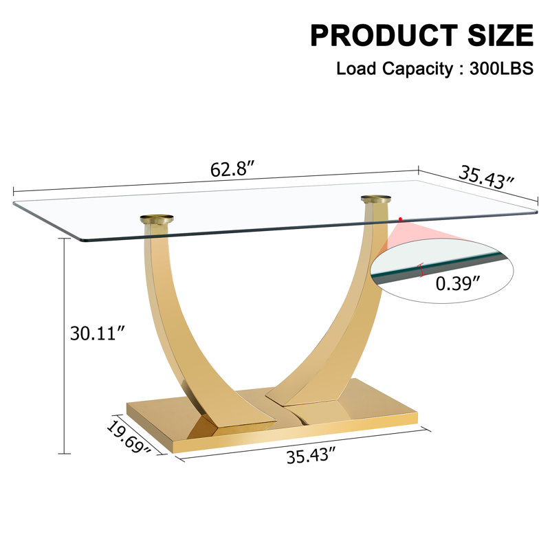 Plouffe Modern Rectangular Tempered Glass Dining Table with Pedestal Base, 30.1"H x 62.8''L x 35.43''W, Gold