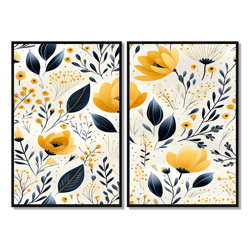 Motif floral jaune bohémien jaune - 2 impressions florales sur toile, 36" H x 48" W, Impression encadrée flottante, Black