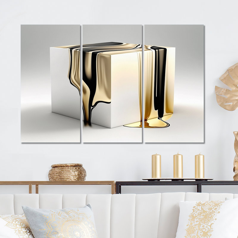 «Black and Gold Cubic Expression I», ensemble d'art mural moderne sur toile, H 32 po x l 48 po x P 1 po, Toile tendue