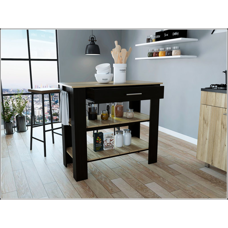 Élégant îlot de cuisine à 1 tiroir et 2 tablettes Rockaway en wengé et chêne clair, espace de travail et rangement