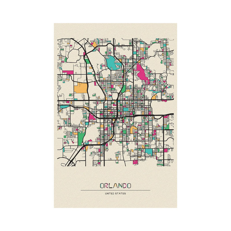«Orlando, Florida Map» par Ayse Deniz Akerman - Giclée sur toile tendue avec châssis, H 26 po x l 18 po x 1,5 po