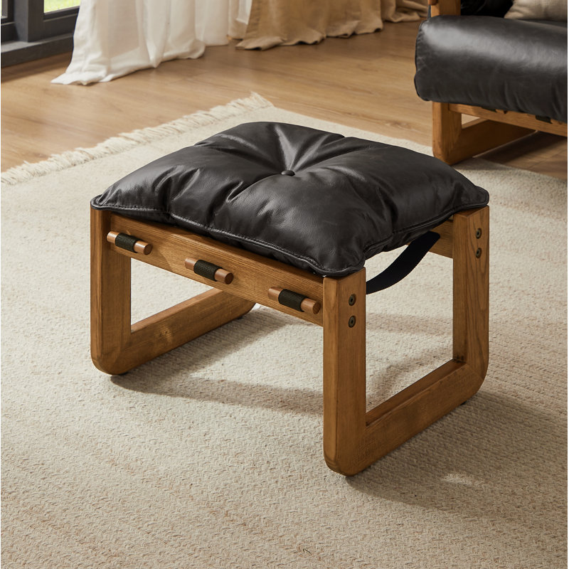 Devin 16.93'' W Top Grain Genuine Leather Upholstered Rectangle Ottoman With Solid Ash Wood Base, Black