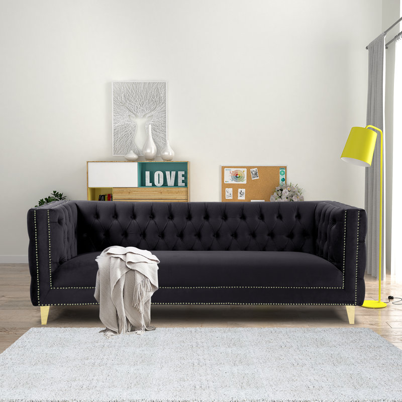 Luxe Velvet Sofa 86" , Assembled , Black Velvet