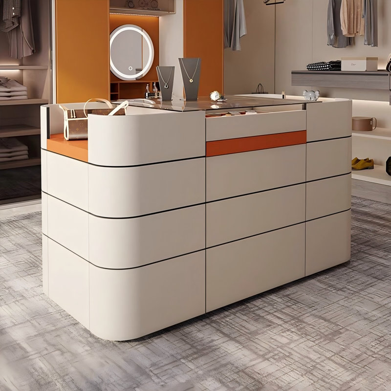 Comptoir rectangulaire en verre trempé transparent de 59,06 po avec surface en cuir de selle beige, armoire de rangement pour bijoux
