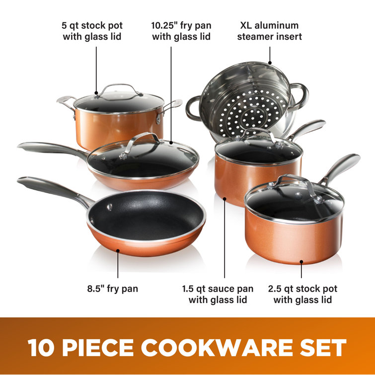 Gotham Steel Cookware + Bakeware Set with Nonstick Durable Ceramic Copper Coating – Includes Skillets , Stock Pots , Deep Square Fry Basket