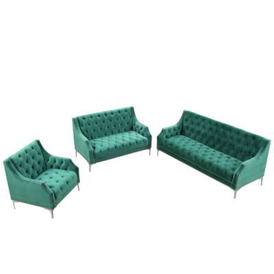 Roane Modern Sofa 3-Piece Sofa Set With Metal Legs, Buttoned Tufted Backrest, Frosted Velvet Upholstered Sofa Set Including Three-Seater Sofa