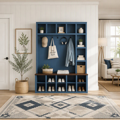 Arbre d'entrée en bois Farmhouse avec 6 crochets, tablettes réglables et rangement pour chaussures pour l'entrée et le salon