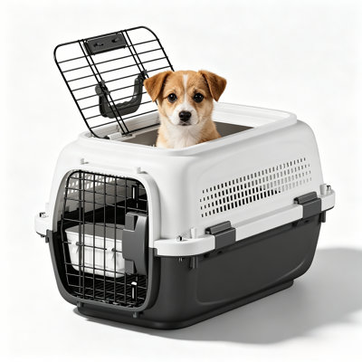 20" Hard-Sided Dog Carrier, Plastic Cat Dog Crate Pet Travel Kennel with Top & Front Doors, Detachable Food Bowl & Secure Lock