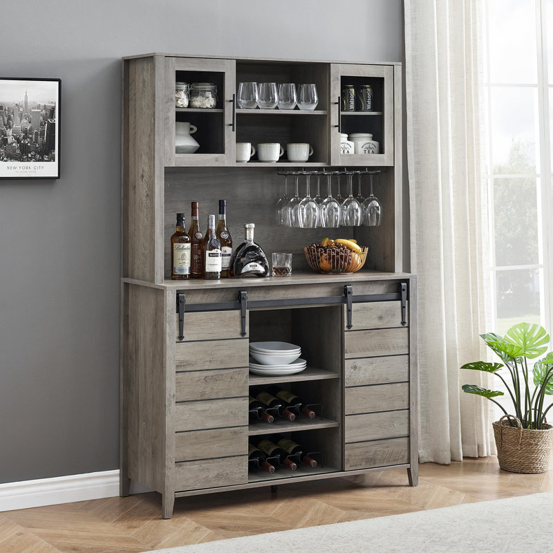 Bar à vin et à café 70 po, armoire à vin avec huche, portes de grange coulissantes, supports en verre et tablettes réglables