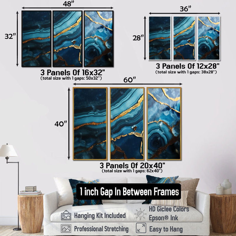 Agate sarcelle «Waves of Glam Gold I», ensemble d'art mural en marbre, Encadrement argenté, H 40 po x l 60 po x P 1 po