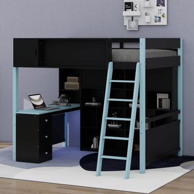 Lit mezzanine double en bois avec bureau et tiroirs, lit mezzanine pour jouer avec espace de rangement et lumière