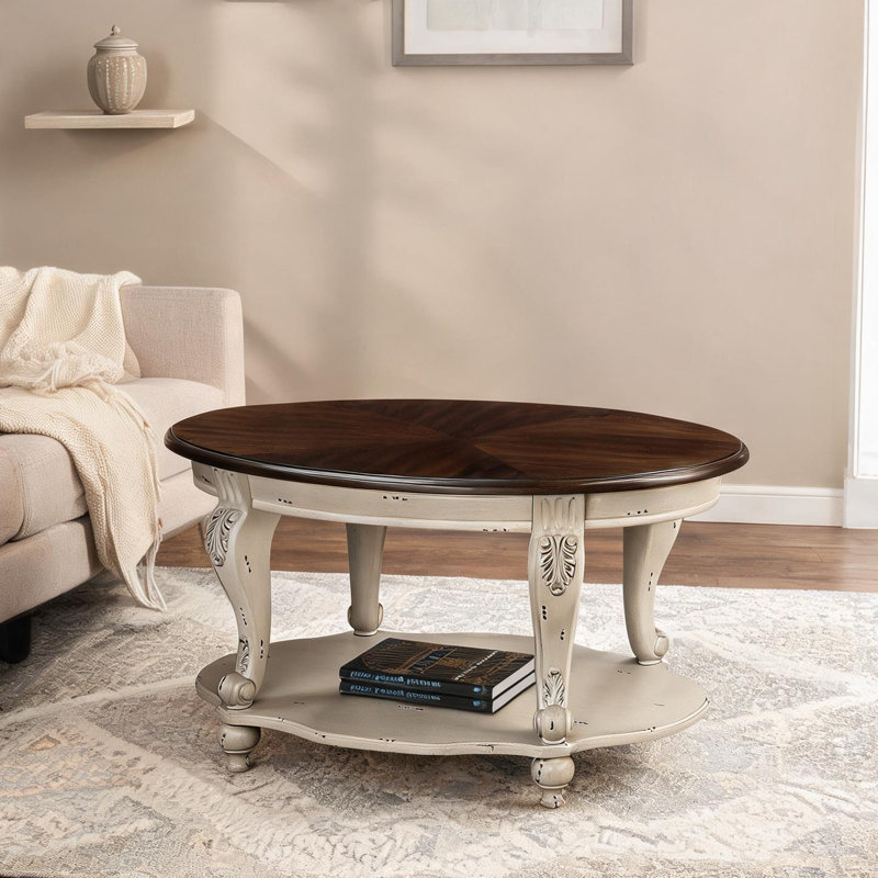 Table basse ovale avec rangement à deux niveaux, base en bois massif, plateau beige chaud, 42 pouces de large pour le salon