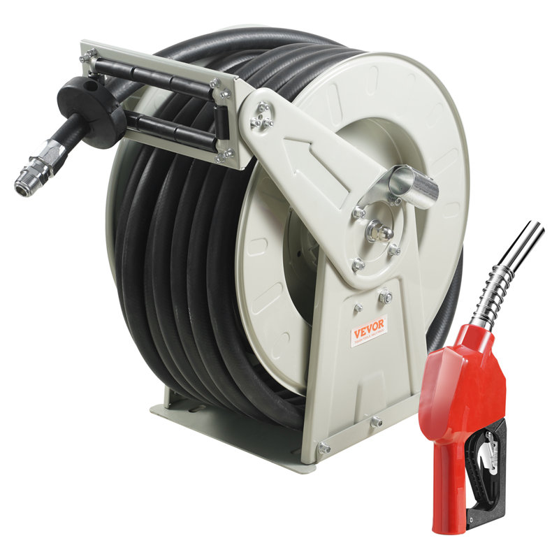 Enrouleur de tuyau à carburant, 25 mm x 15 m, 20,7 bar, enrouleur de tuyau diesel rétractable extra long, construction robuste en acier au carbone avec pistolet de distribution automatique, tuyau en caoutchouc NBR pour avions, navires, véhicules, camions-citernes