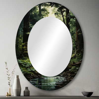 Rivière dans les bois enchantés I - Grand miroir mural ovale sur support métallique