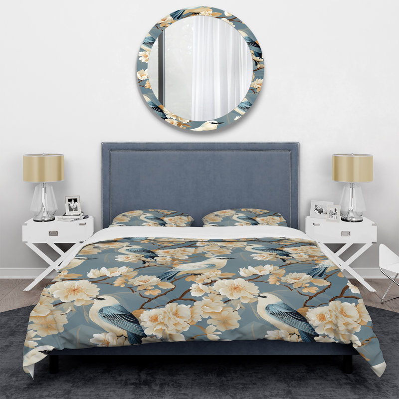 Ensemble de housse de couette Beige and Blue Bird Flower II, Housse de couette simple + 1 taie décorative stan