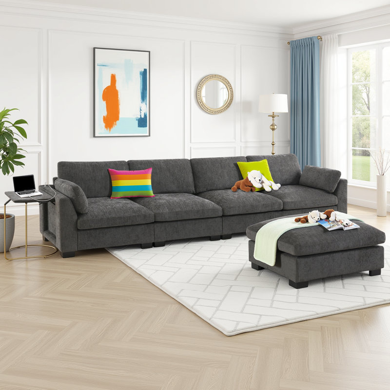 130" Modular L-Shape Sectional Sofa - Chenille Fabric with Folding Table, Dual Charging Ports & Storage Pockets, 330 lb Capacity