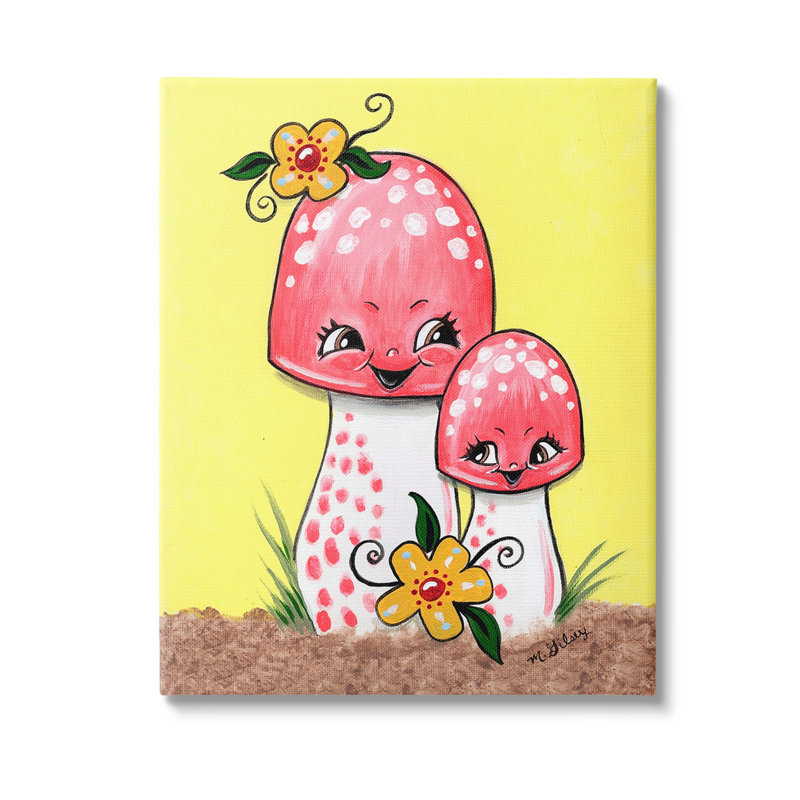 "Happy Mushroom & Flowers", art mural sur toile par Michelle Gilsey, H 30 po x l 24 po