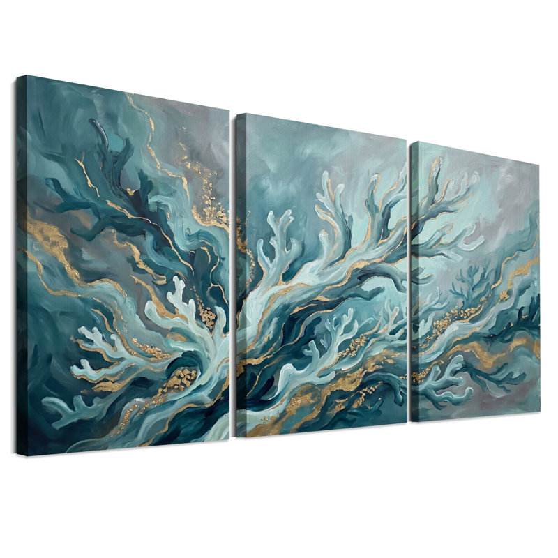 Ensemble de 3 toiles murales abstraites aux formes ramifiées turquoise et or, 18"H x 12"W x 3pcs