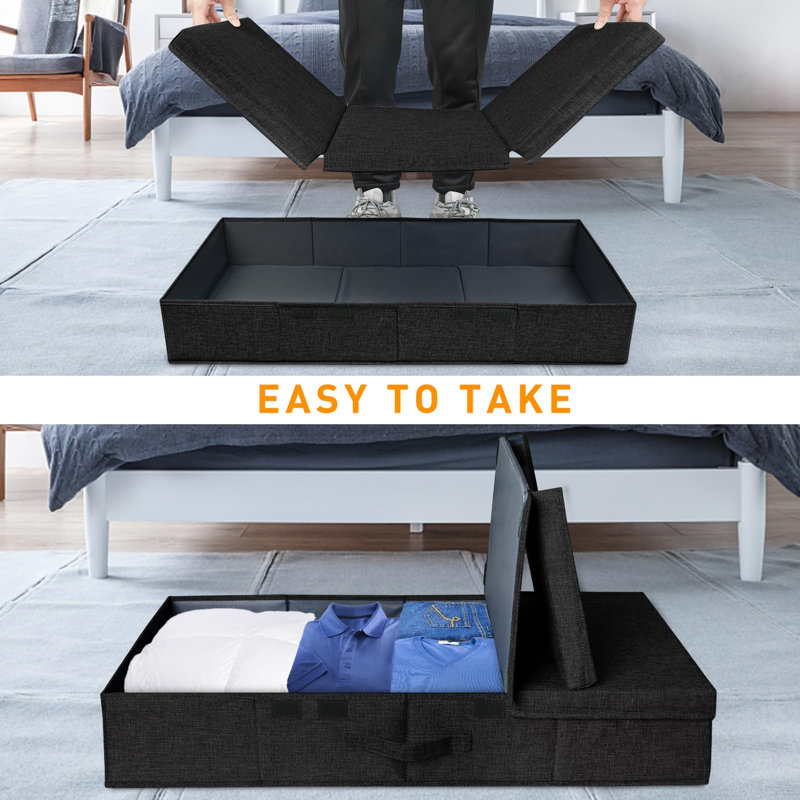 Under Bed Storage Containers, Set Of 2 Low Profile Under Crib Storage Bins With Lid, Large Sturdy Under Bed Clothes Drawer Organizers Box, Black