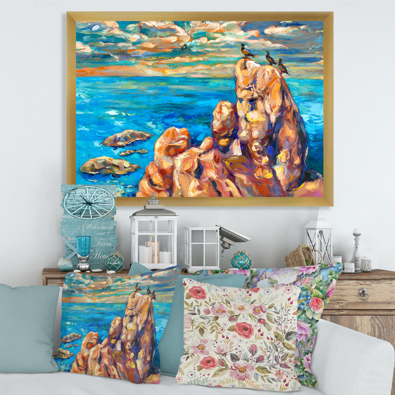 Falaises par l'océan bleu I - Peinture sur toile, H 24 po x l 32 po x P 1 po, Cadre doré
