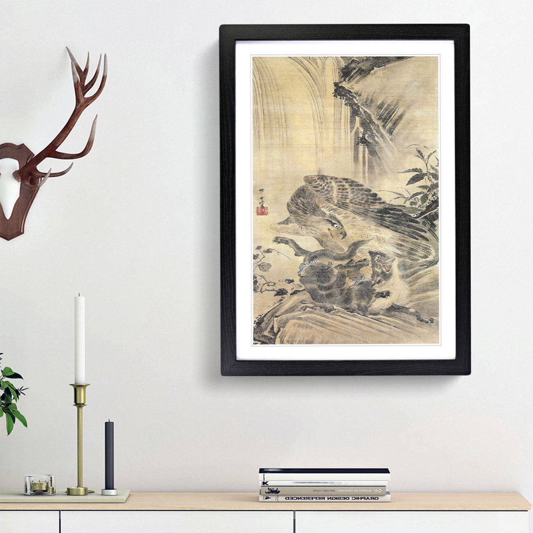 Eagle Attacking a Lion by Kawanabe Kyosai - Framed Print