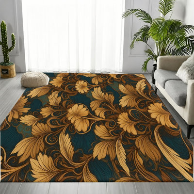 Tapis bleu sarcelle Art Nouveau, motif floral rétro élégant, tapis antidérapant doux et durable lavable à la machine, décoration intérieure élégante pour le salon, la chambre à coucher, le vestibule, la porte d'entrée, la cuisine, le balcon et l’appartement