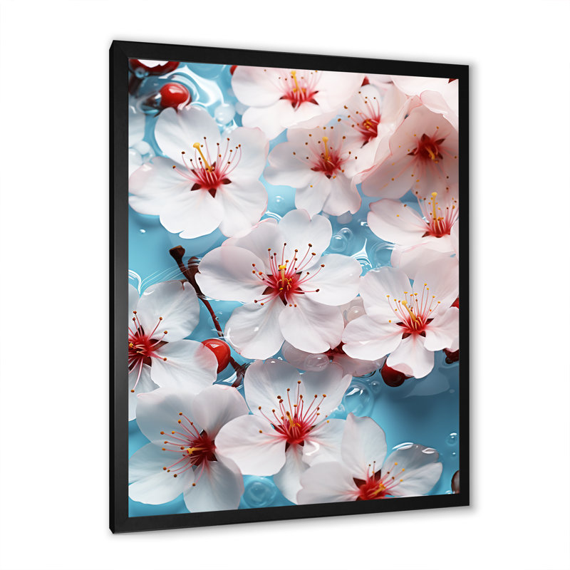 «White Cherry Blossoms Flow II», art mural cerisier en fleurs, H 32 po x l 16 po x P 1 po, Cadre simple noir