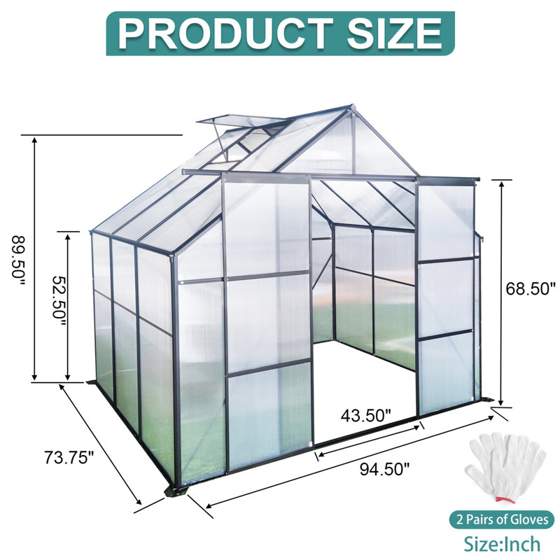 8x6ft Black Greenhouse For Plants - Frame, Sunlight Transmission, Polycarbonate In Sliding Door, Frost Protection, Flower Shelter