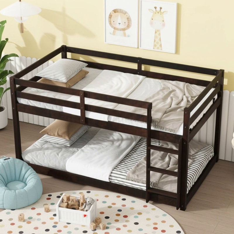 Solid Wooden Twin Over Twin Floor Bunk Bed With Ladder, Strengthened Slats, And  For Maximum Stability And Space Efficiency