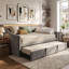 UK&EU 3-in-1 Velvet Extendable Daybed with Pop-Up Trundle, Upholstered Sofa Bed Frame, Beige & Grey, 90x190/200cm-367988562-367988563