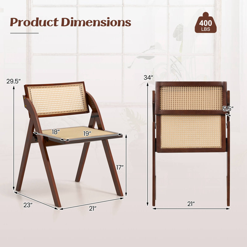 Ensemble de 2 chaises pliantes Bayou Breeze avec dossier en rotin tissé et structure en bois d'hévéa, Brun