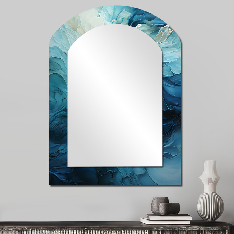 Turquoise bleu et blanc Serenity Swirl III - miroir mural en spirale abstrait, miroir décoratif asymétrique bleu, impression d'art en métal