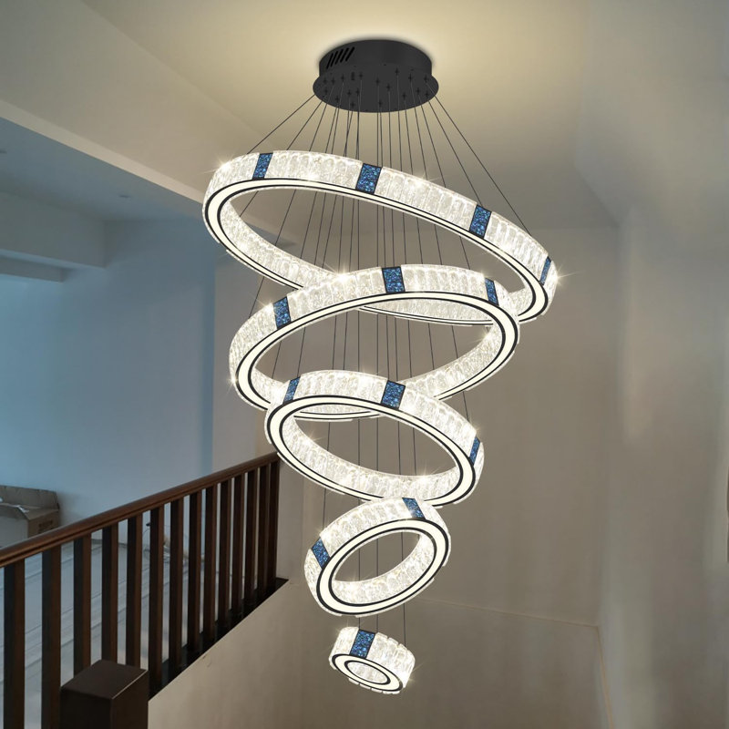 Grand lustre à anneaux DEL pour salon, noir, 5 anneaux, lustre haut de plafond