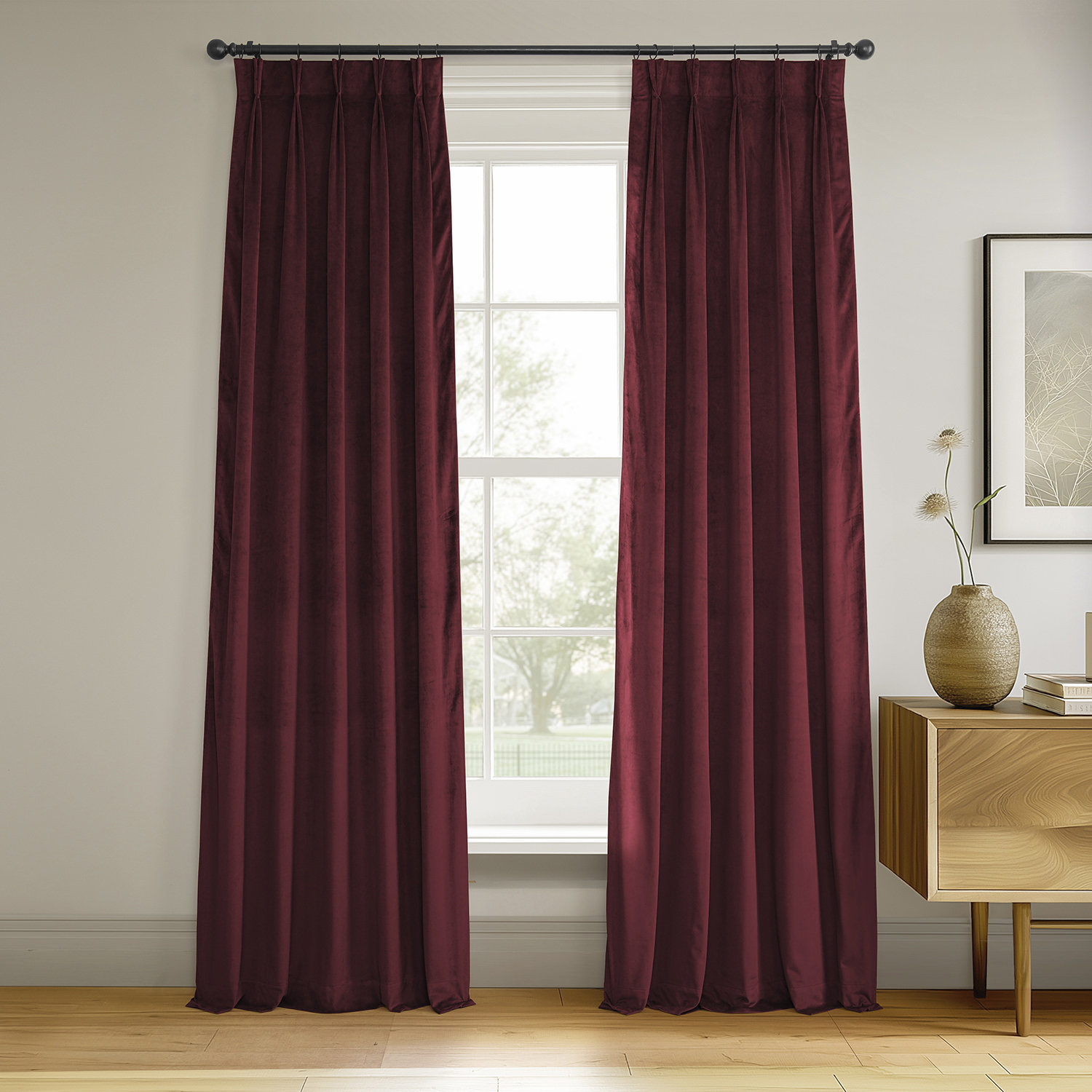 Balone Velvet French Pleat Blackout Curtain, 25" W x 108" L, Midnight Blue