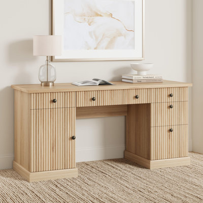 60" Fluted Executive Desk with File Drawers & Charging Station – Wooden Home Office Computer Desk for Study Room (Burlywood)