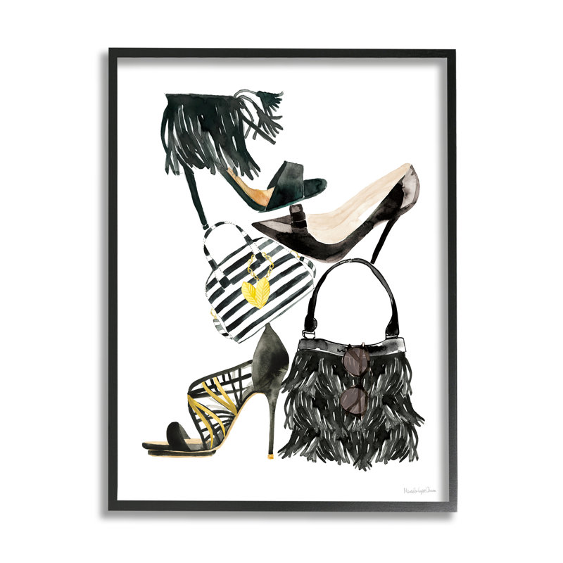 Glam Fashion Accessory Stack Fringe Shoes And Purse, H 14 po x l 11 po, Giclée encadrée noir minuit