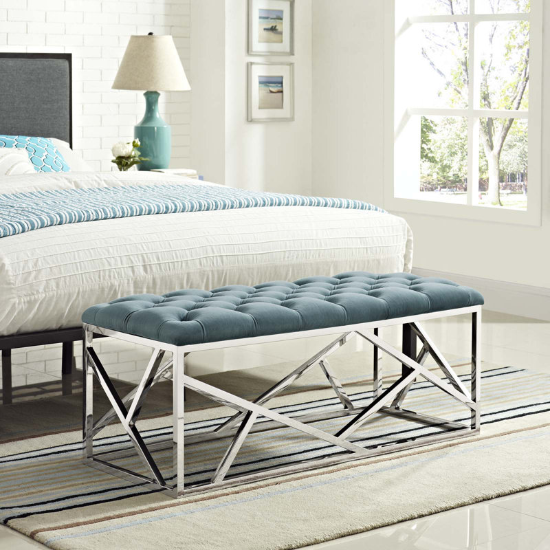 Modway Orchid Sebastian Button-tufted Bench, Sea Blue, Silver