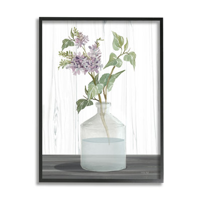 Printemps, lilas, brindille, fleurs de campagne pittoresques, pot de verre encadré, art texturé blanc par Cindy Jacobs