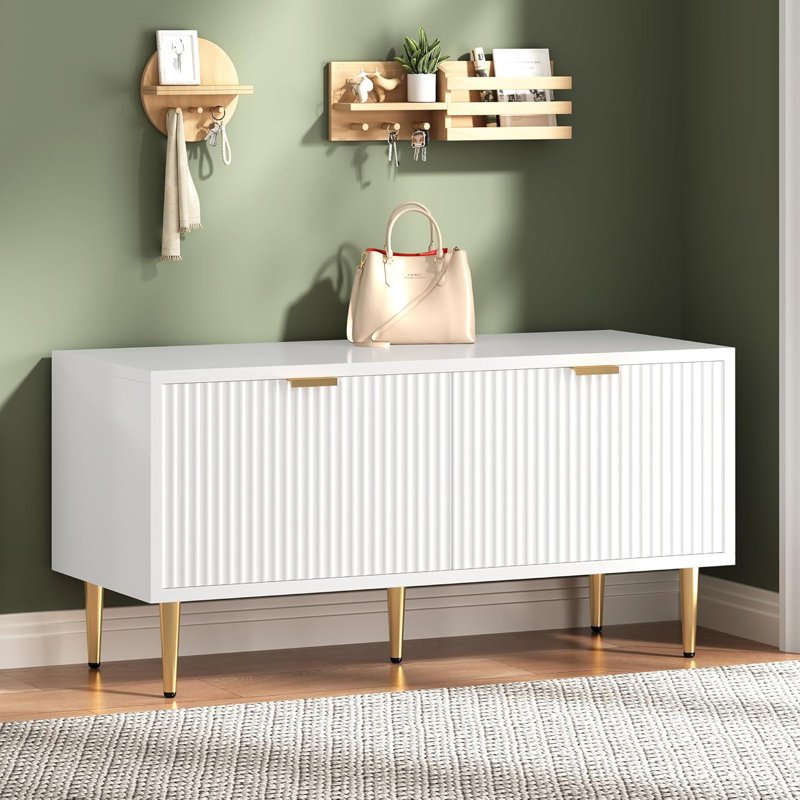 Range-chaussures, banc d'entrée cannelé avec 2 portes, banc de rangement pour chaussures pour couloir, salon, chambre à coucher