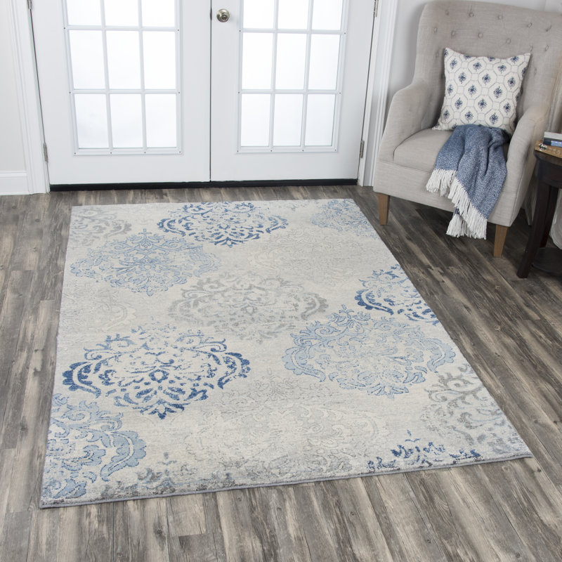 Tapis gris clair / bleu en laine Thora, Rectangle 10 pi x 13 pi