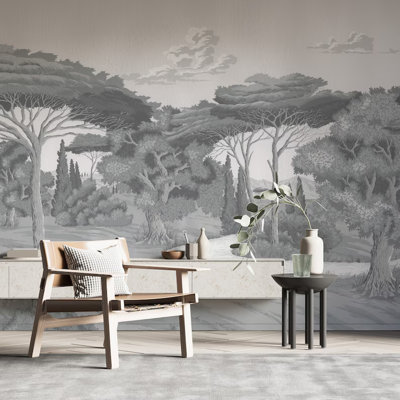 Élégant papier peint mural paysage gris rétro, art mural panoramique forêt et sentier dessiné à la main pour le salon, la chambre à coucher et le bureau
