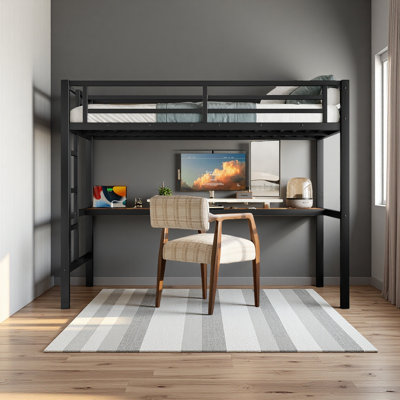 Metal Twin Size Loft Bed With Power Outlet And LED Lighted, Space-Saving, Noise Reduced