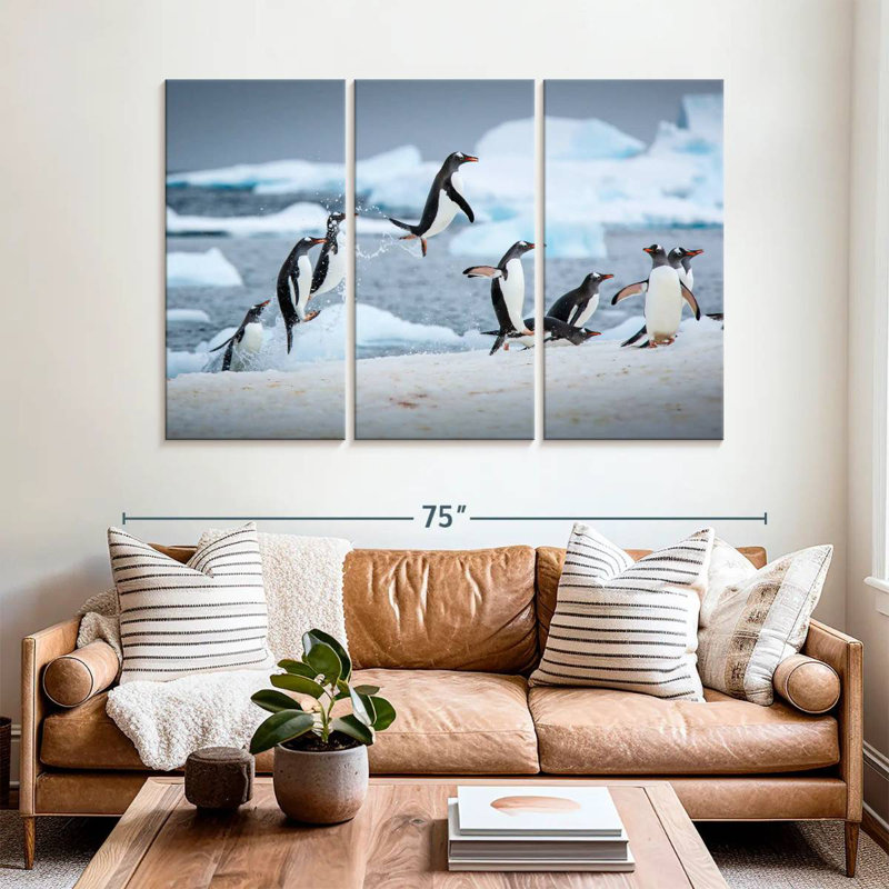 Pingouins bruyants sautant sur la glace, H 36 po x l 57 po