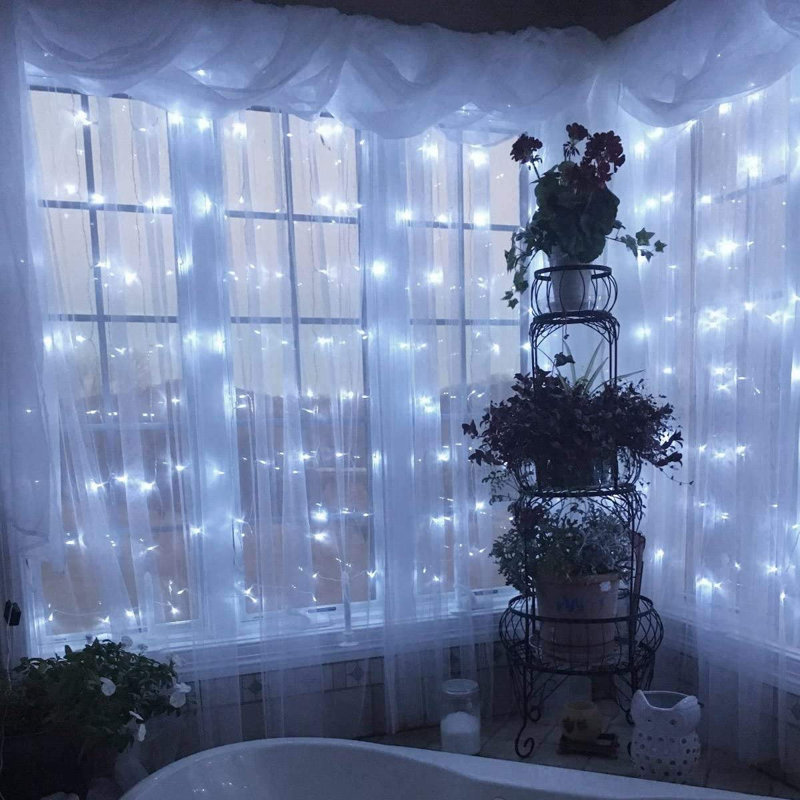 9.8ft Plug-in LED Curtain String Light with Remote Control Linkable, White